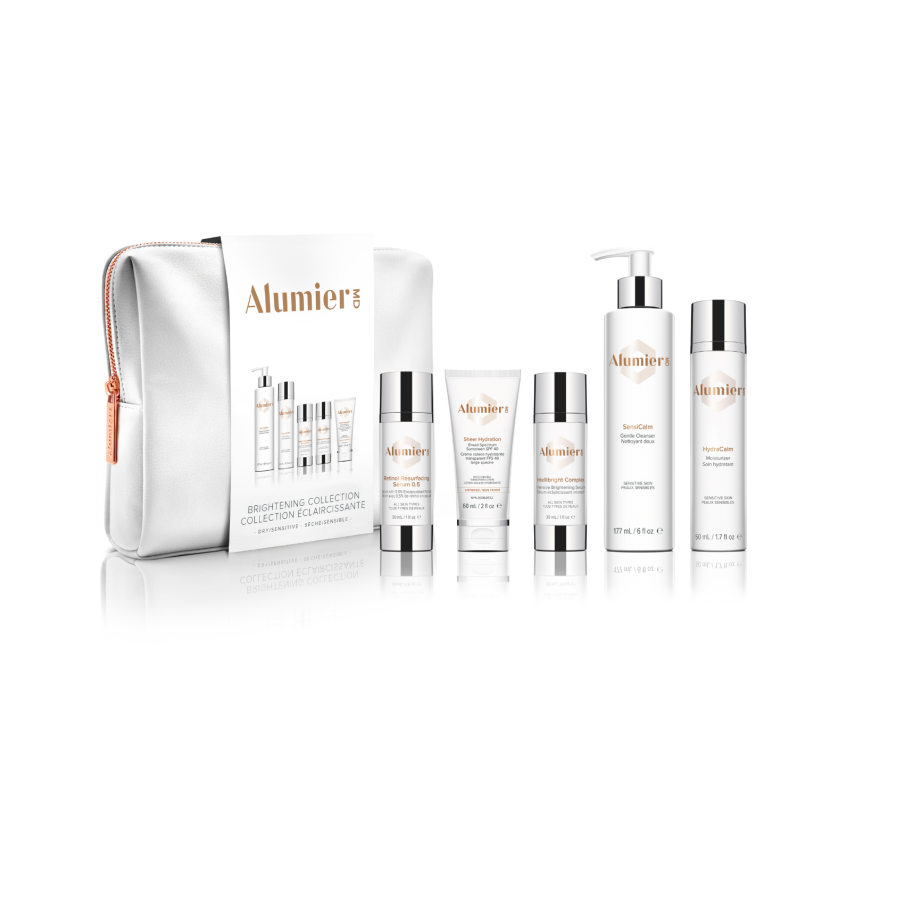 AlumierMD Brightening Collection for Dry and Sensitive Skin with 5 products and a white vegan bag